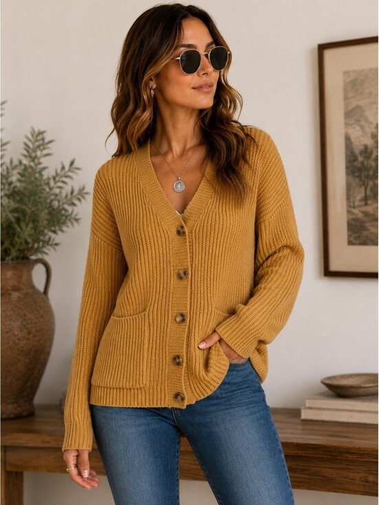 LOFT Sweaters - LOFT Mustard Chunky Knit Cardigan Sweater Women's L Cotton Blend Cottage Granny